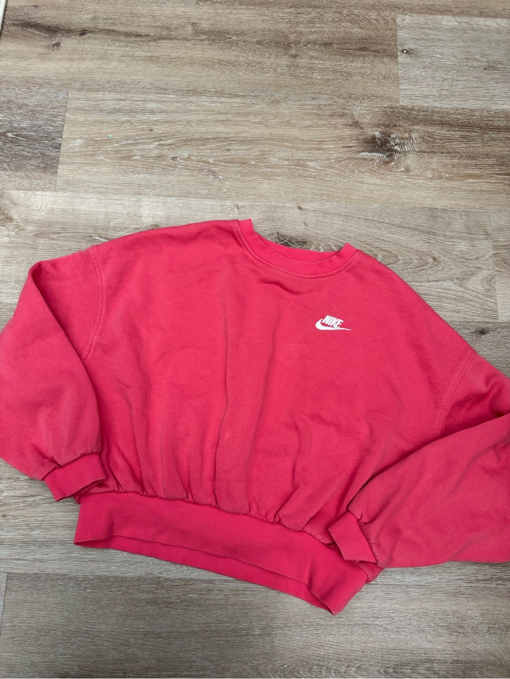 Nike Women's Coral-Red Cropped Crewneck Sweatshirt with White Swoosh